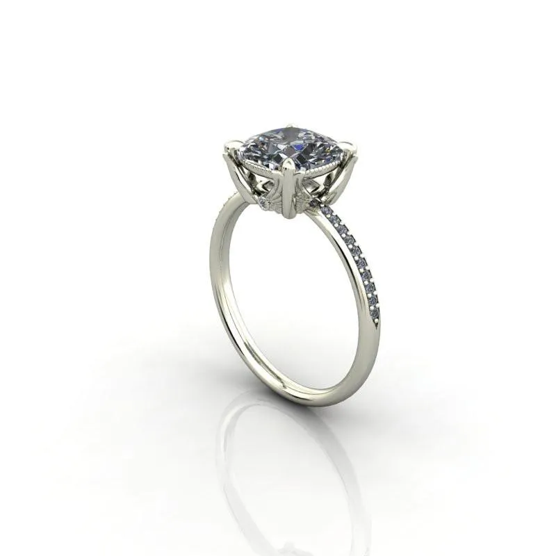 Angelica Cushion Center Stone Angel Wings and Diamond Band Ring