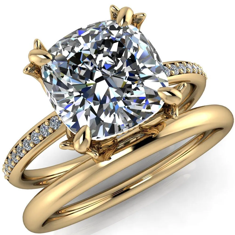 Angelica Cushion Center Stone Angel Wings and Diamond Band Ring