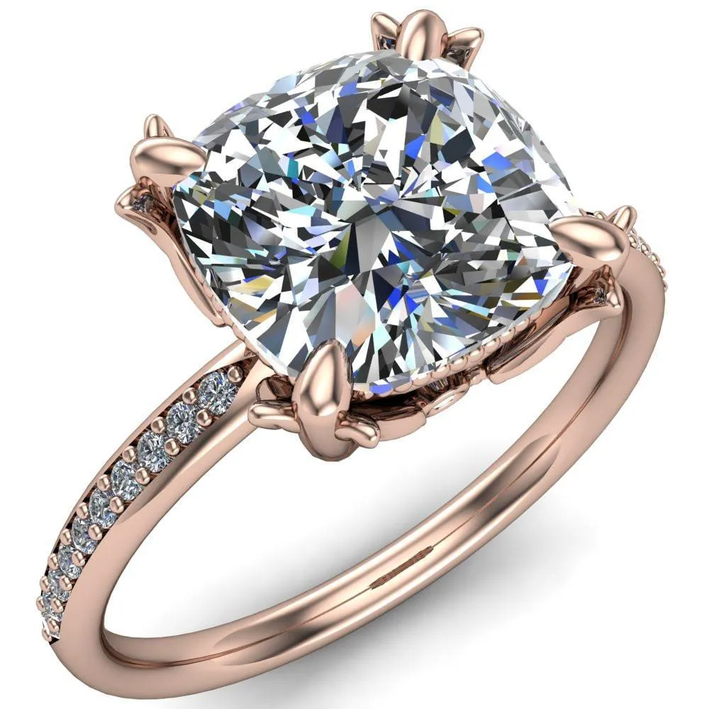 Angelica Cushion Center Stone Angel Wings and Diamond Band Ring