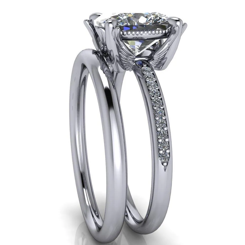 Angelica Cushion Center Stone Angel Wings and Diamond Band Ring
