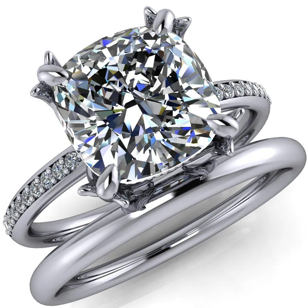 Angelica Cushion Center Stone Angel Wings and Diamond Band Ring