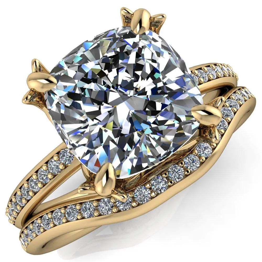 Angelica Cushion Center Stone Angel Wings and Diamond Band Ring