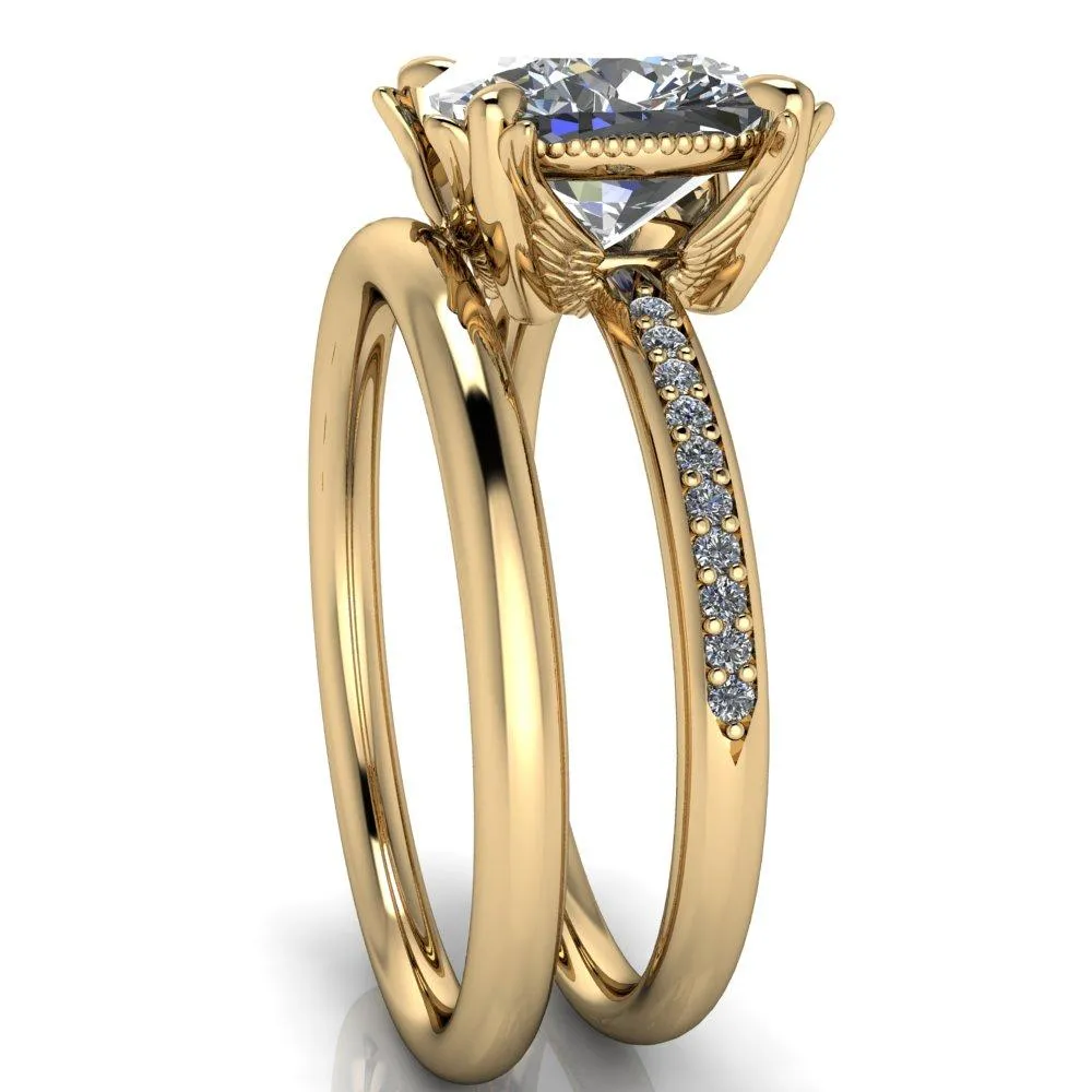 Angelica Cushion Center Stone Angel Wings and Diamond Band Ring