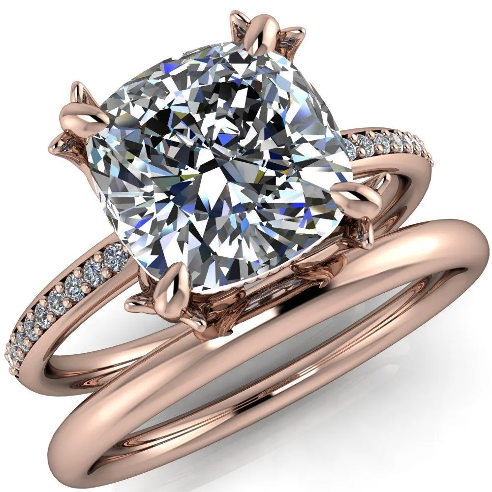 Angelica Cushion Center Stone Angel Wings and Diamond Band Ring