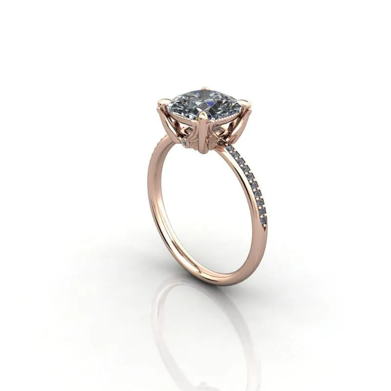 Angelica Cushion Center Stone Angel Wings and Diamond Band Ring