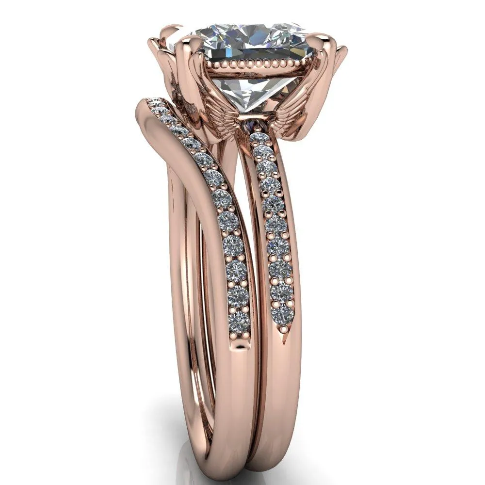 Angelica Cushion Center Stone Angel Wings and Diamond Band Ring