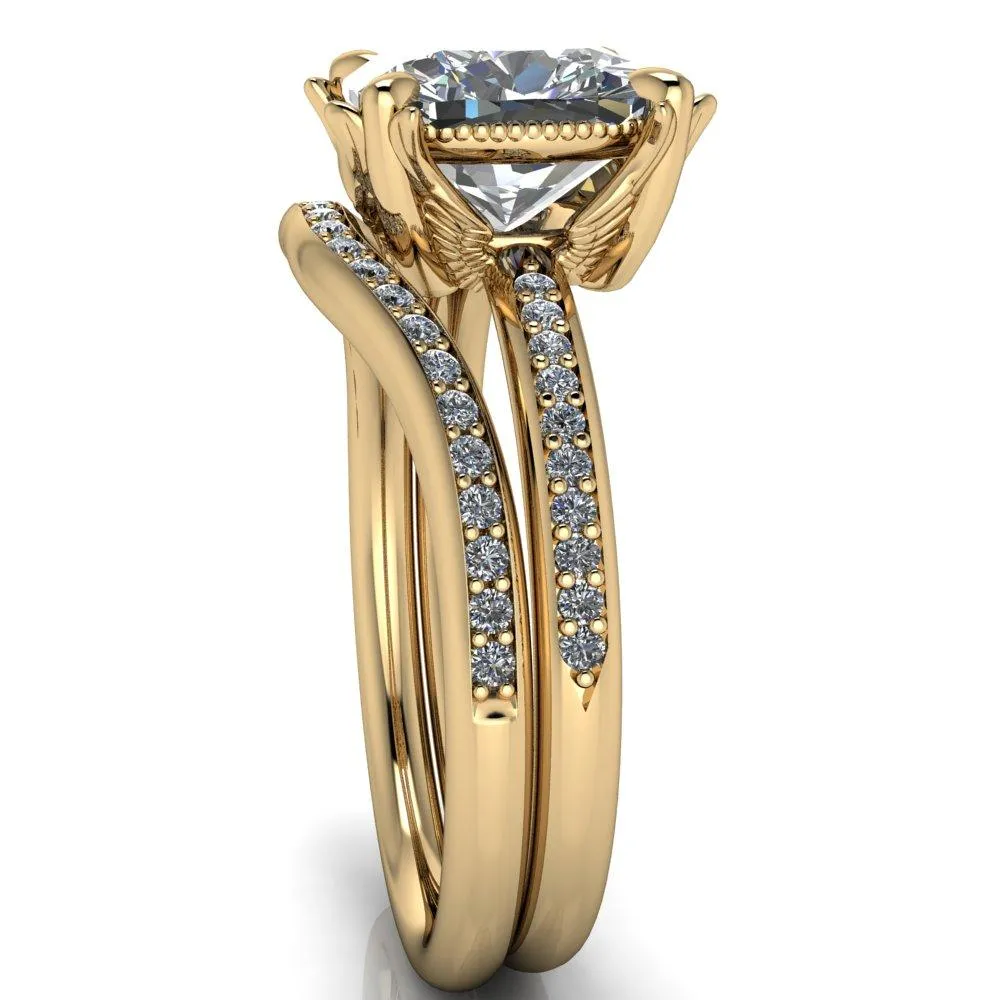 Angelica Cushion Center Stone Angel Wings and Diamond Band Ring