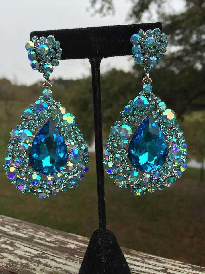 Aqua Chandelier Earrings with AB Stones | Pageant Chunky Earrings | H202-7