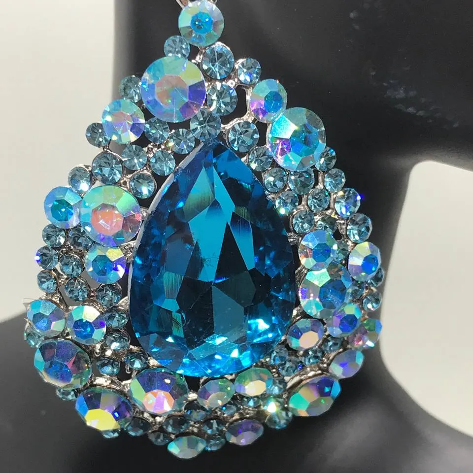 Aqua Chandelier Earrings with AB Stones | Pageant Chunky Earrings | H202-7