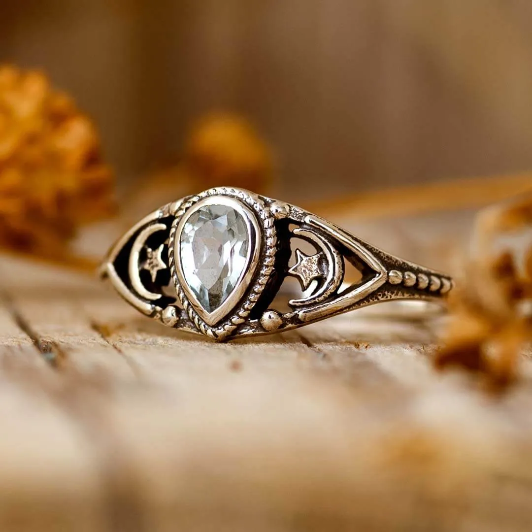 Aquamarine Stars Moon Ring Sterling Silver