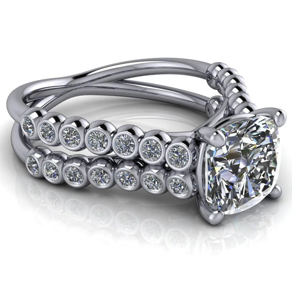 Arden Cushion Center Stone Double Diamond Side Bezel 4 Prong Ring