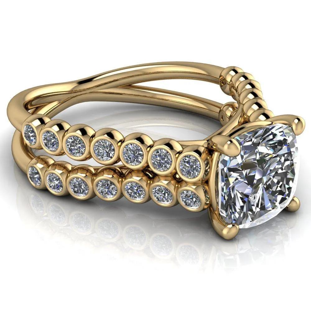 Arden Cushion Center Stone Double Diamond Side Bezel 4 Prong Ring