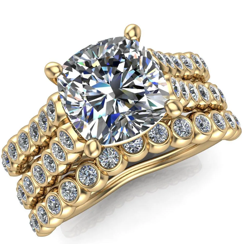 Arden Cushion Center Stone Double Diamond Side Bezel 4 Prong Ring