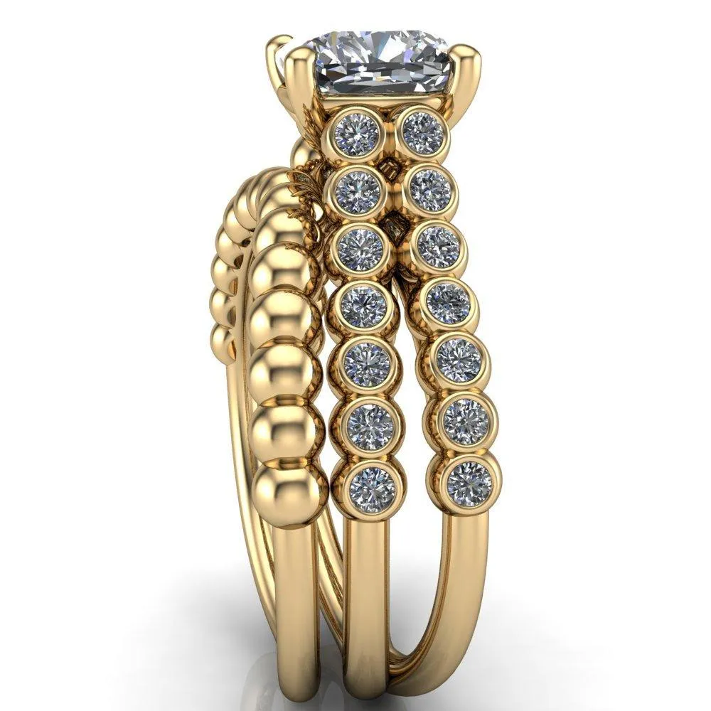 Arden Cushion Center Stone Double Diamond Side Bezel 4 Prong Ring