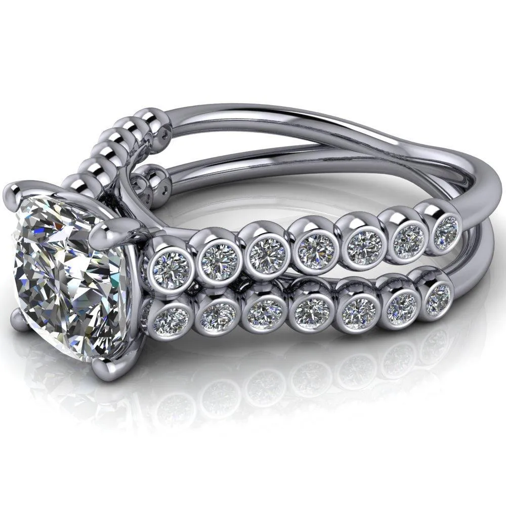Arden Cushion Center Stone Double Diamond Side Bezel 4 Prong Ring
