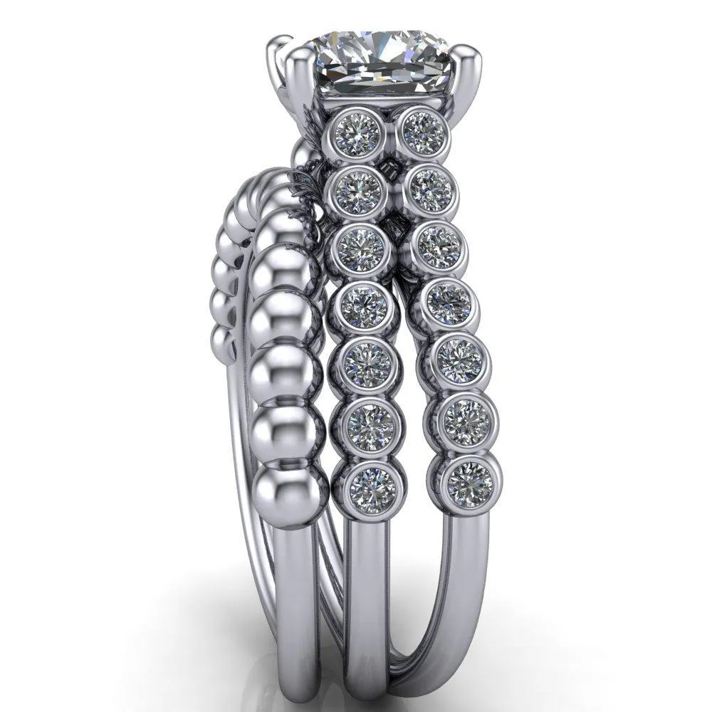 Arden Cushion Center Stone Double Diamond Side Bezel 4 Prong Ring