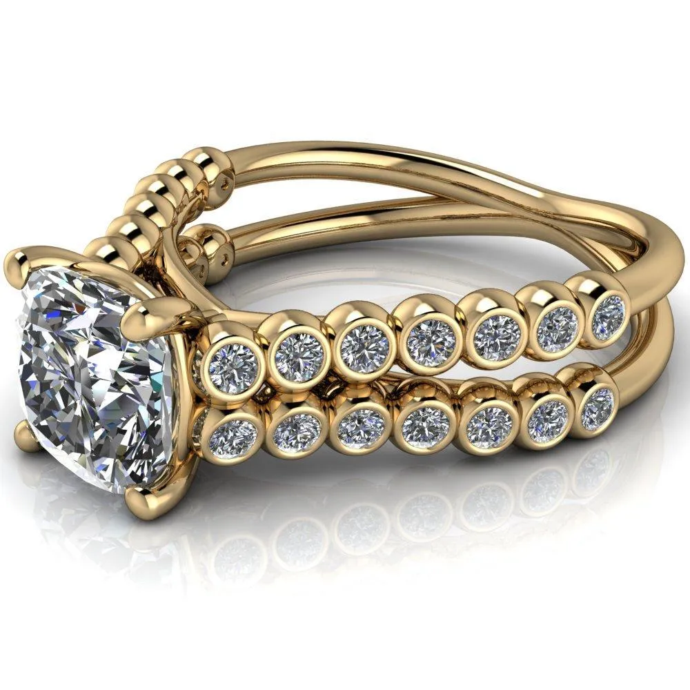 Arden Cushion Center Stone Double Diamond Side Bezel 4 Prong Ring