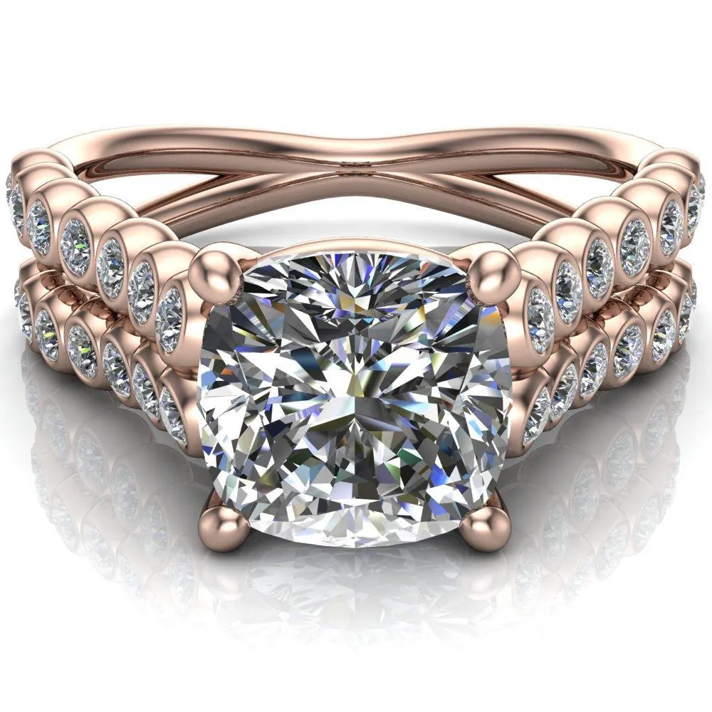 Arden Cushion Center Stone Double Diamond Side Bezel 4 Prong Ring