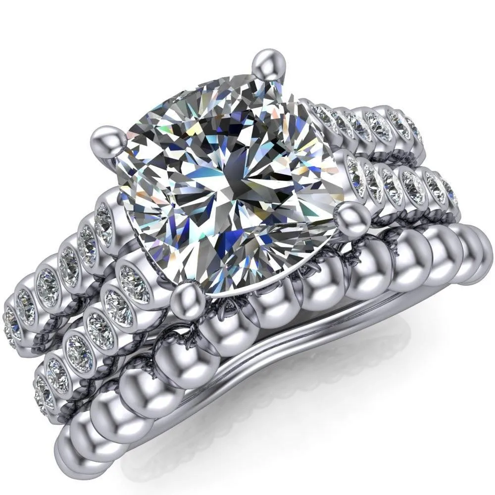 Arden Cushion Center Stone Double Diamond Side Bezel 4 Prong Ring
