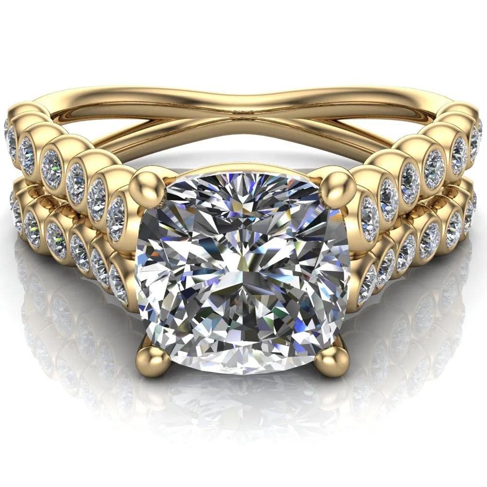 Arden Cushion Center Stone Double Diamond Side Bezel 4 Prong Ring