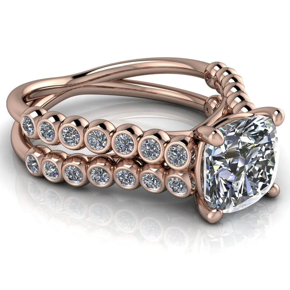 Arden Cushion Center Stone Double Diamond Side Bezel 4 Prong Ring