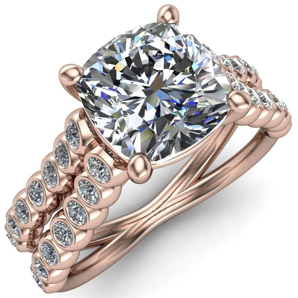 Arden Cushion Center Stone Double Diamond Side Bezel 4 Prong Ring
