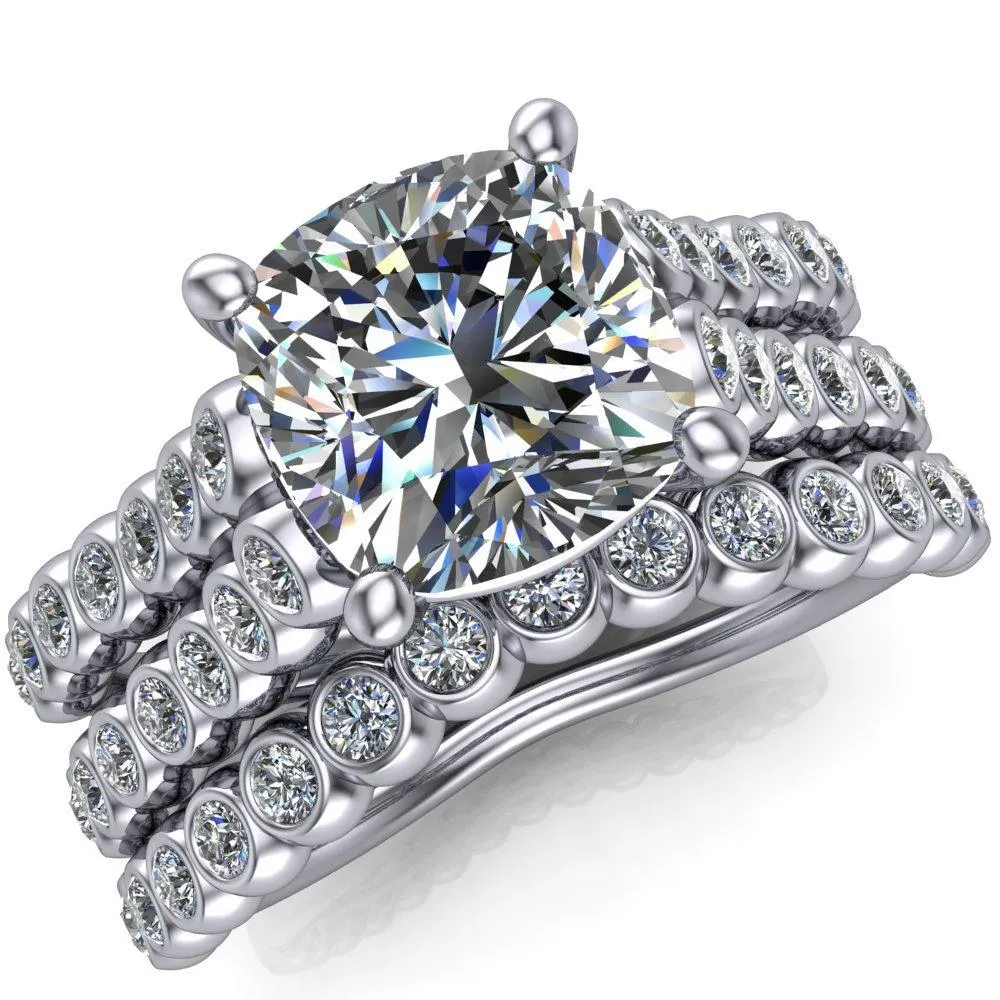 Arden Cushion Center Stone Double Diamond Side Bezel 4 Prong Ring
