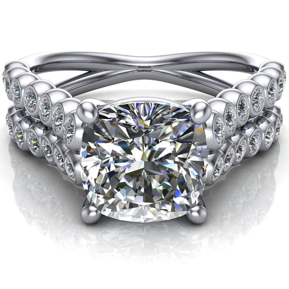 Arden Cushion Center Stone Double Diamond Side Bezel 4 Prong Ring