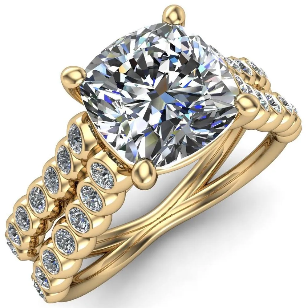 Arden Cushion Center Stone Double Diamond Side Bezel 4 Prong Ring