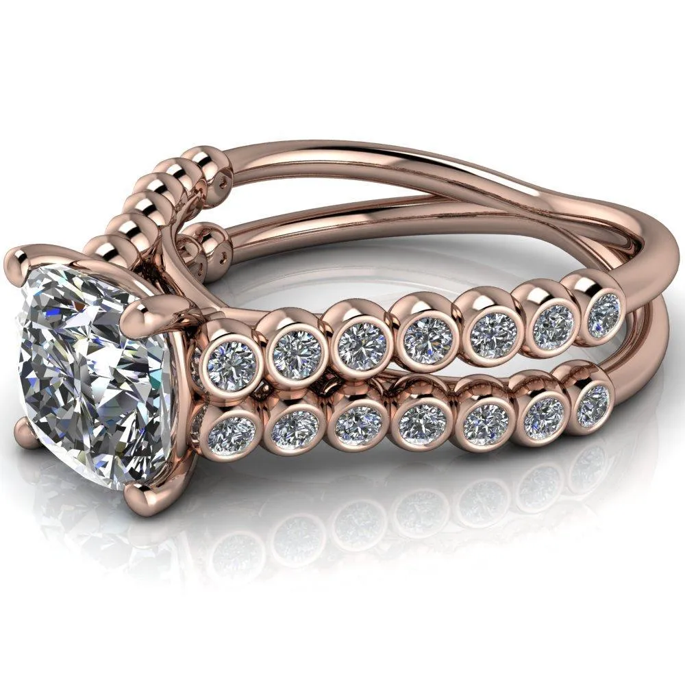 Arden Cushion Center Stone Double Diamond Side Bezel 4 Prong Ring