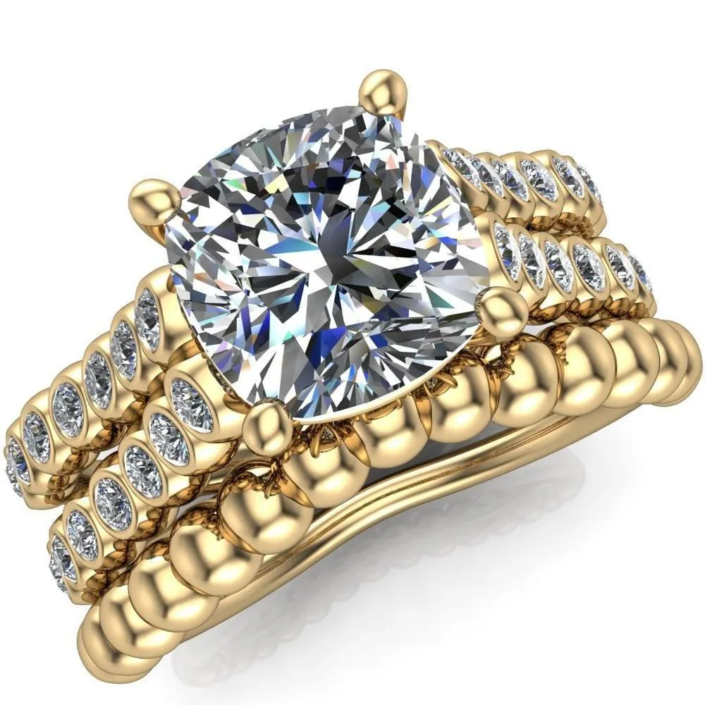 Arden Cushion Center Stone Double Diamond Side Bezel 4 Prong Ring