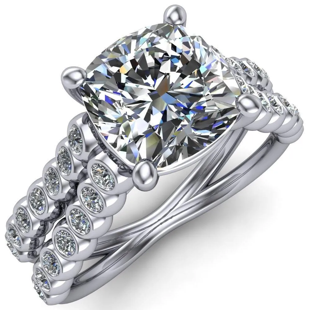 Arden Cushion Center Stone Double Diamond Side Bezel 4 Prong Ring