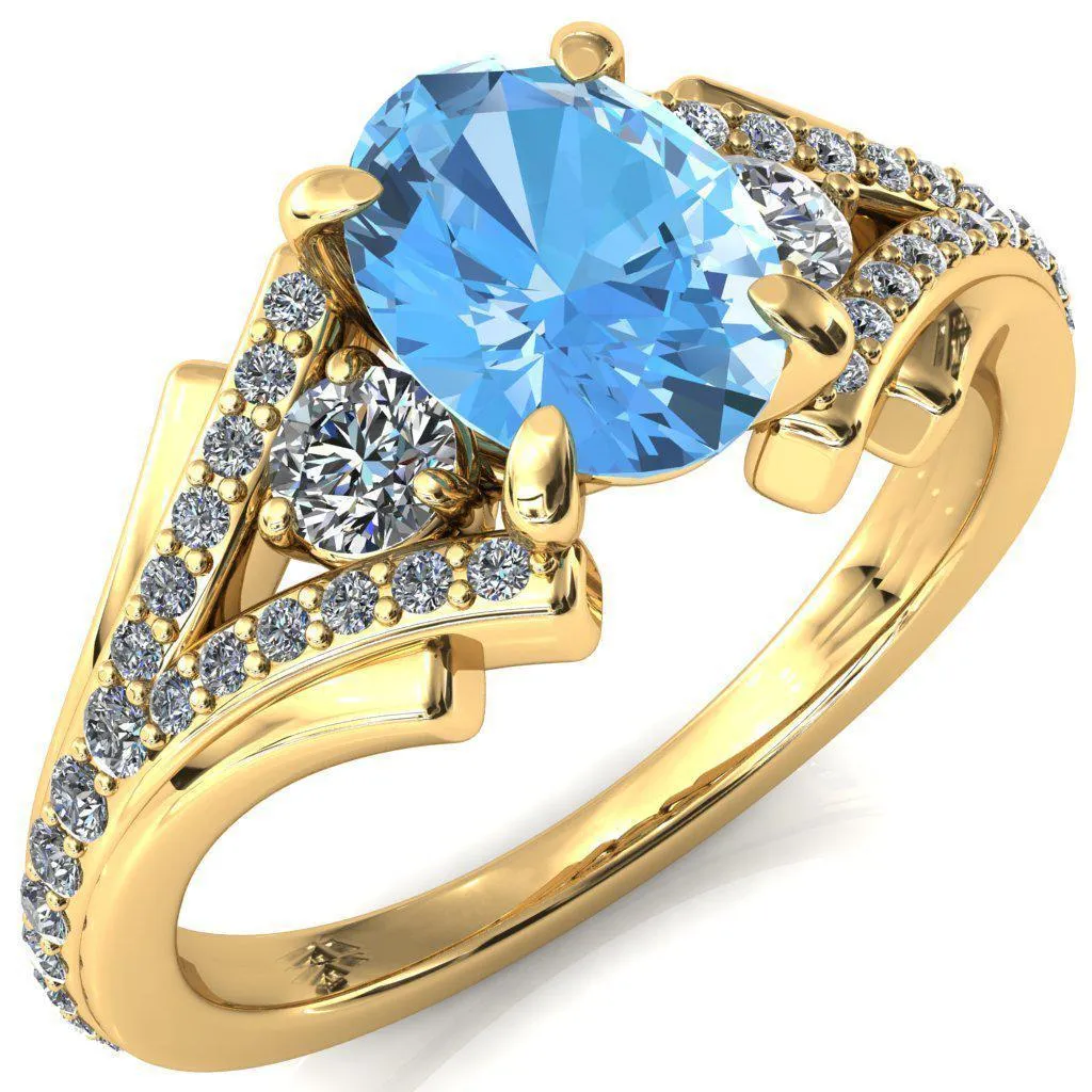 Arietis Oval Aqua Blue Spinel 4 Prong 3/4 Bead Split Shank Diamond Accent Ring
