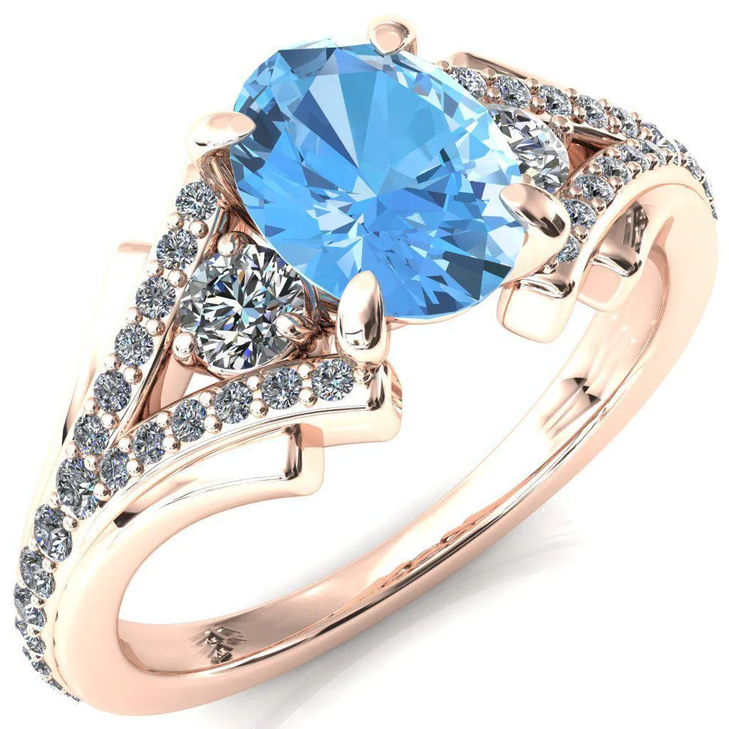 Arietis Oval Aqua Blue Spinel 4 Prong 3/4 Bead Split Shank Diamond Accent Ring