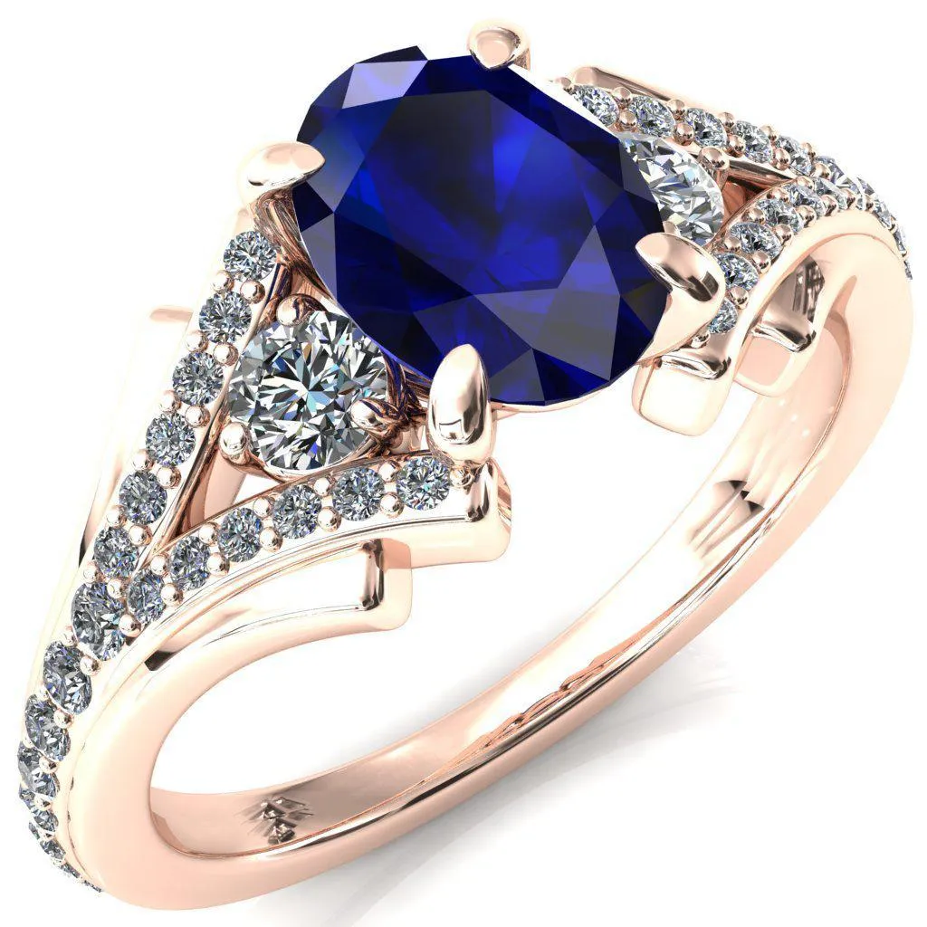 Arietis Oval Blue Sapphire 4 Prong 3/4 Bead Split Shank Diamond Accent Ring