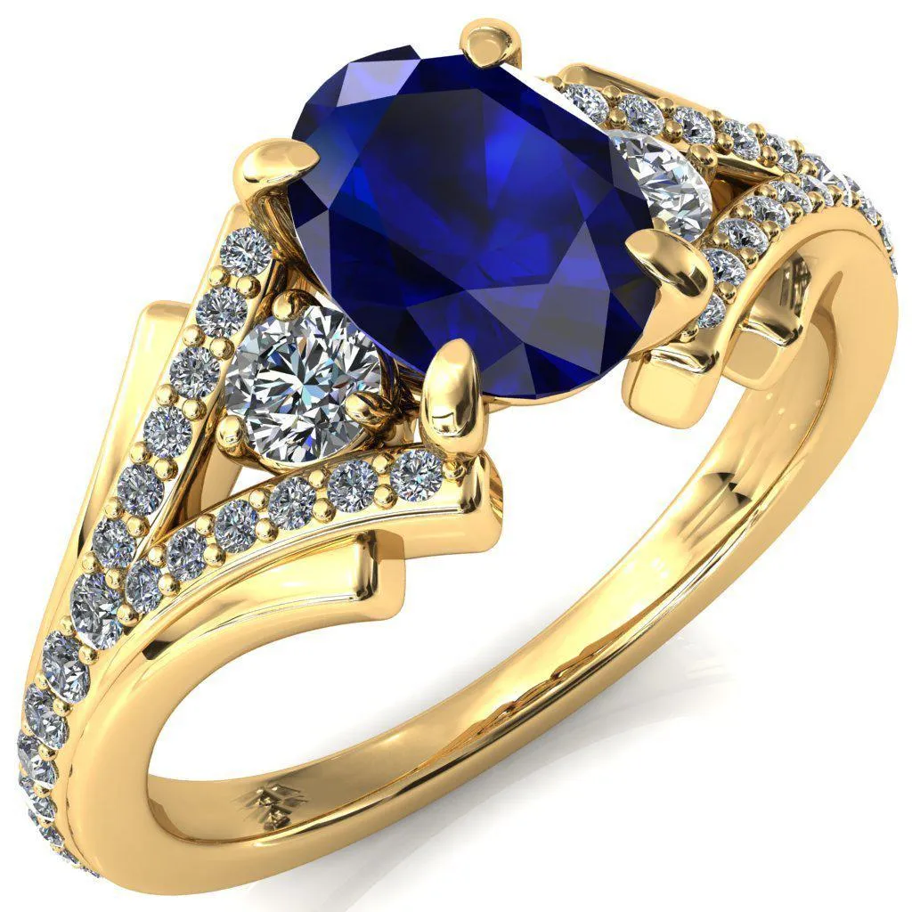 Arietis Oval Blue Sapphire 4 Prong 3/4 Bead Split Shank Diamond Accent Ring