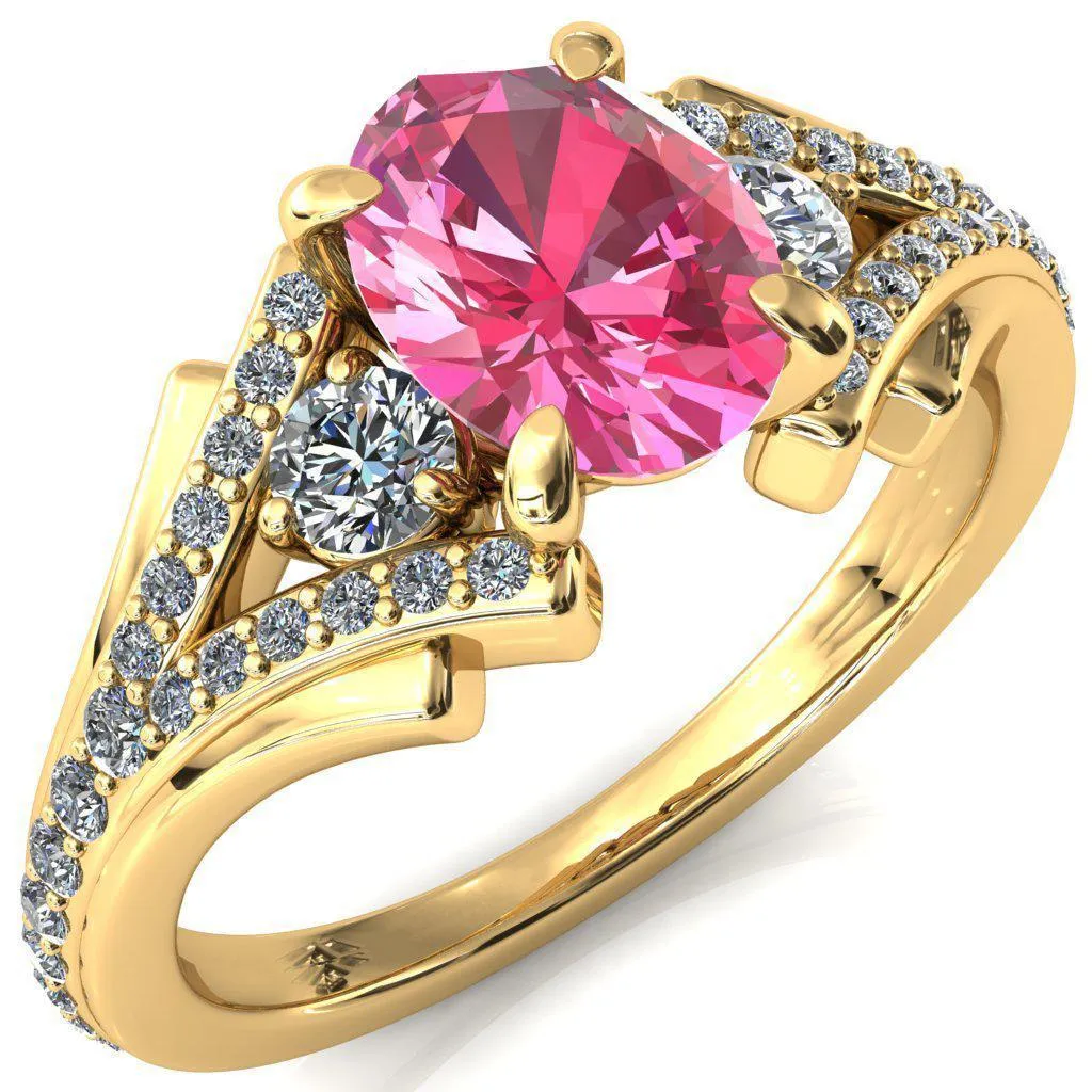 Arietis Oval Pink Sapphire 4 Prong 3/4 Bead Split Shank Diamond Accent Ring