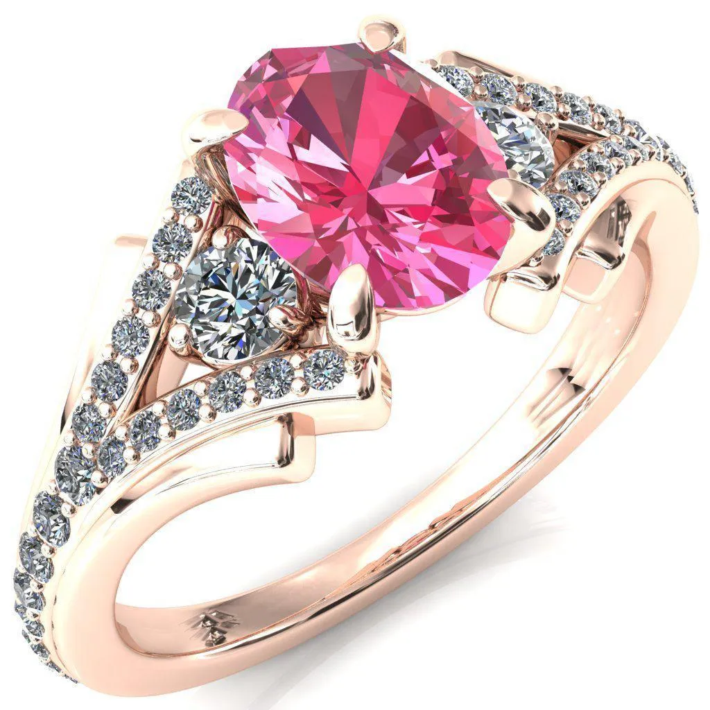 Arietis Oval Pink Sapphire 4 Prong 3/4 Bead Split Shank Diamond Accent Ring