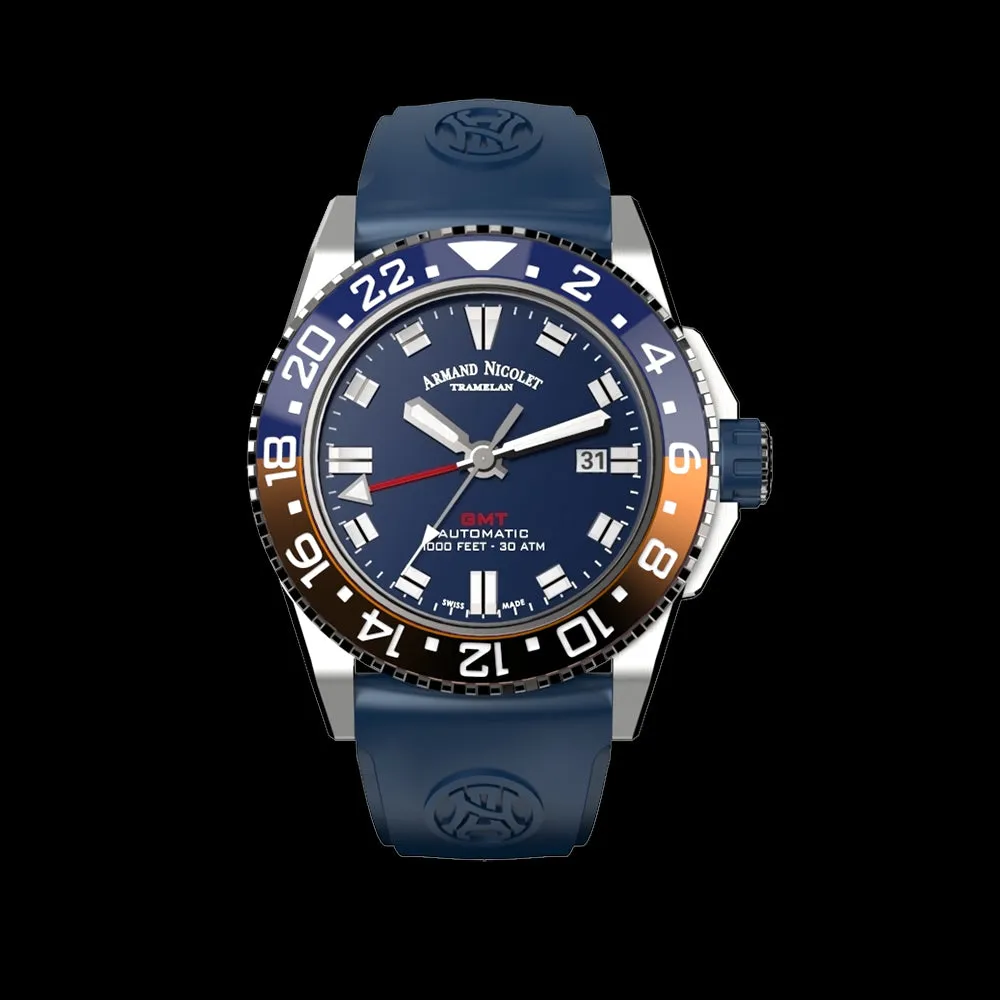 ARMAND NICOLET JS9-44 MEN'S AUTOMATIC BLACK STRAP BLUE DIAL WATCH