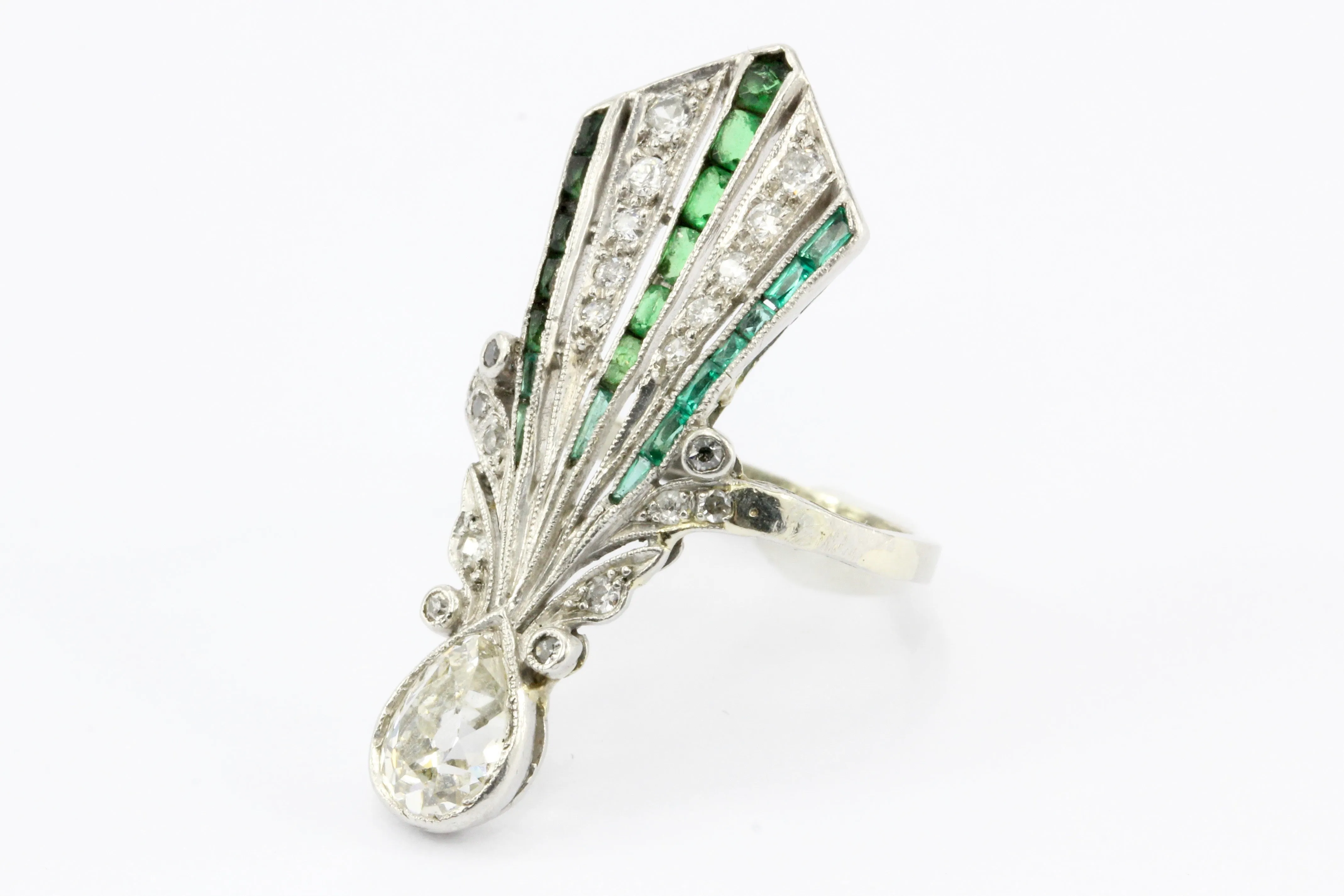 Art Deco 14K White Gold Diamond & Emerald Fan Ring c.1920's