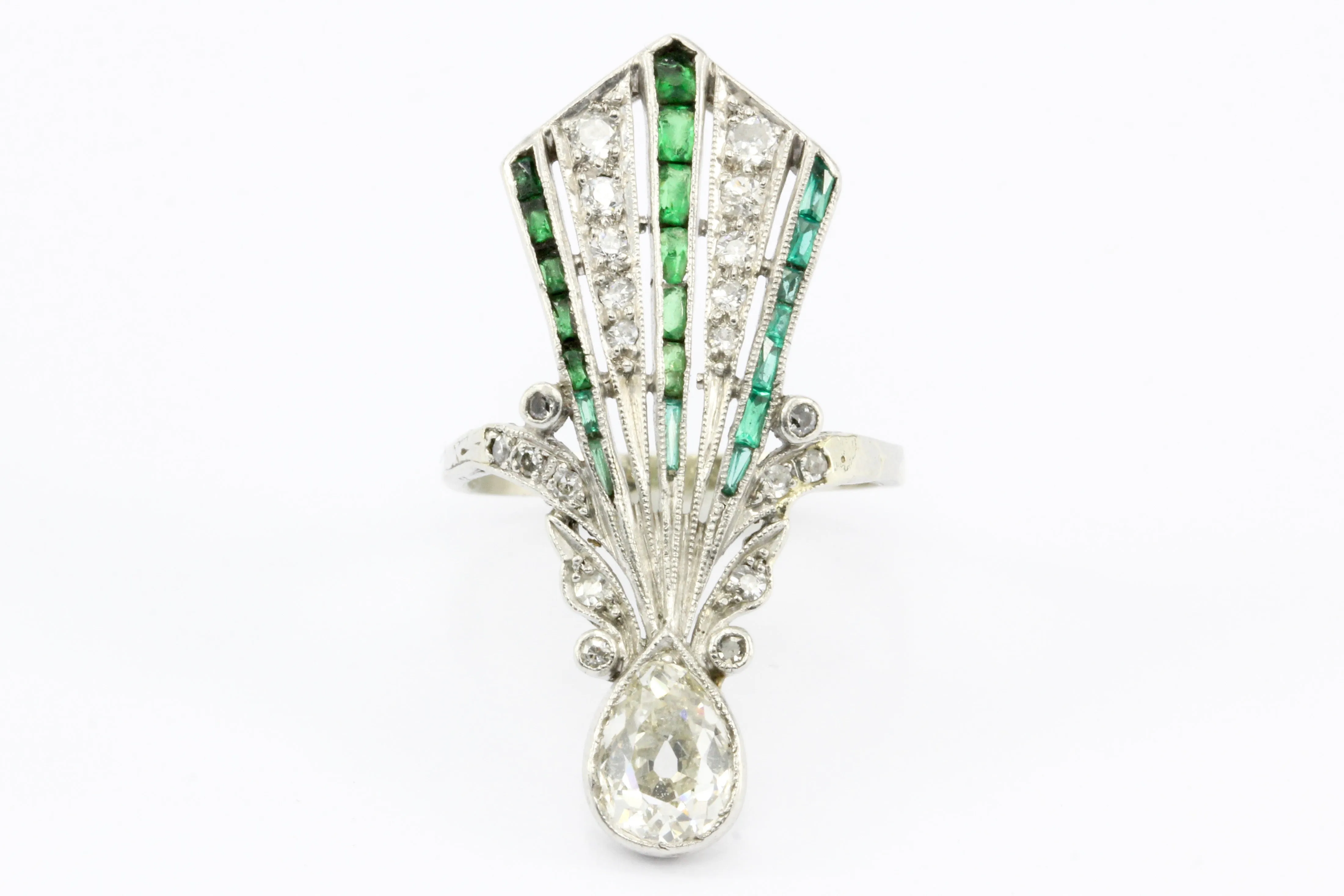 Art Deco 14K White Gold Diamond & Emerald Fan Ring c.1920's