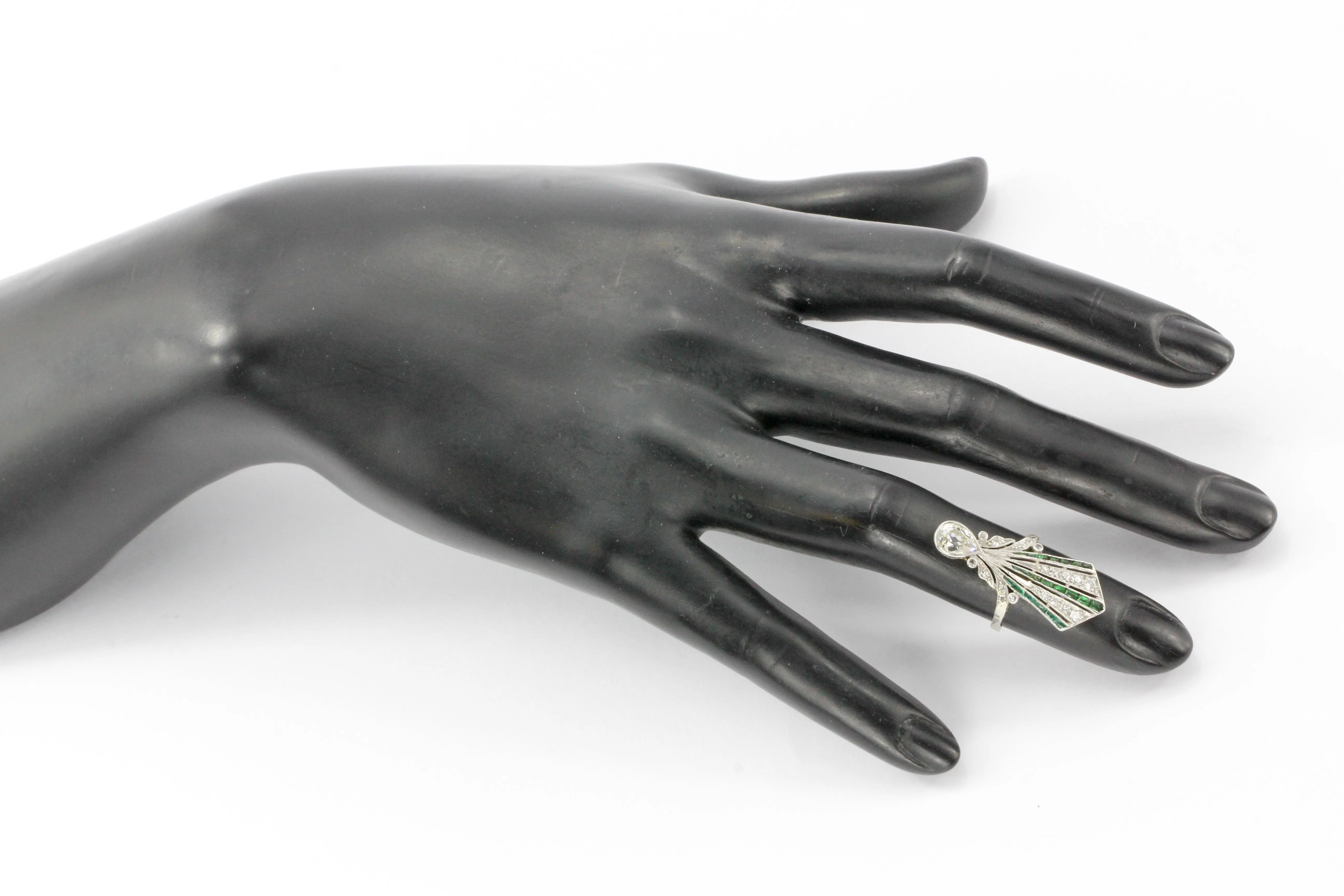 Art Deco 14K White Gold Diamond & Emerald Fan Ring c.1920's