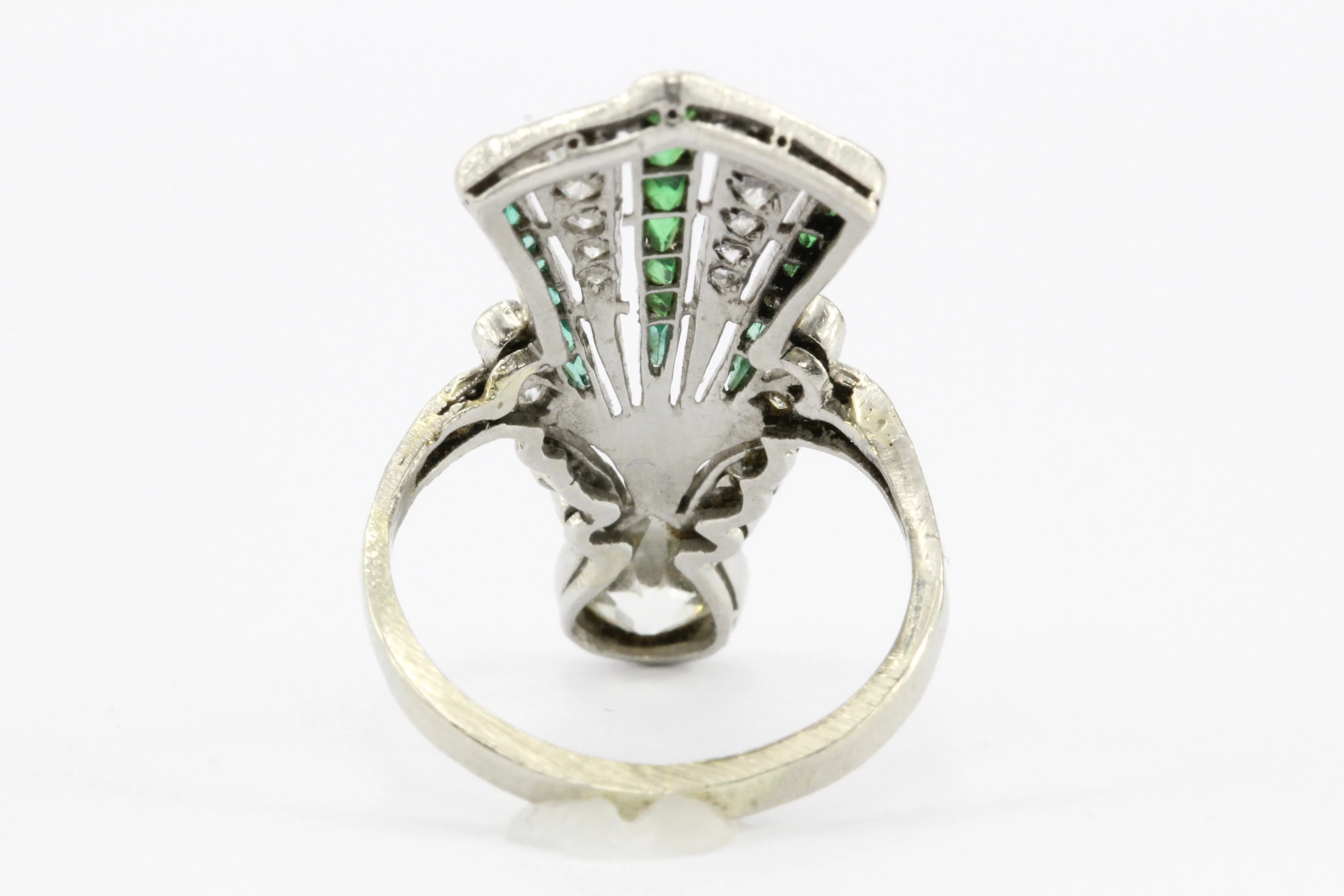 Art Deco 14K White Gold Diamond & Emerald Fan Ring c.1920's