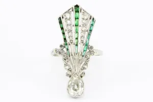 Art Deco 14K White Gold Diamond & Emerald Fan Ring c.1920's