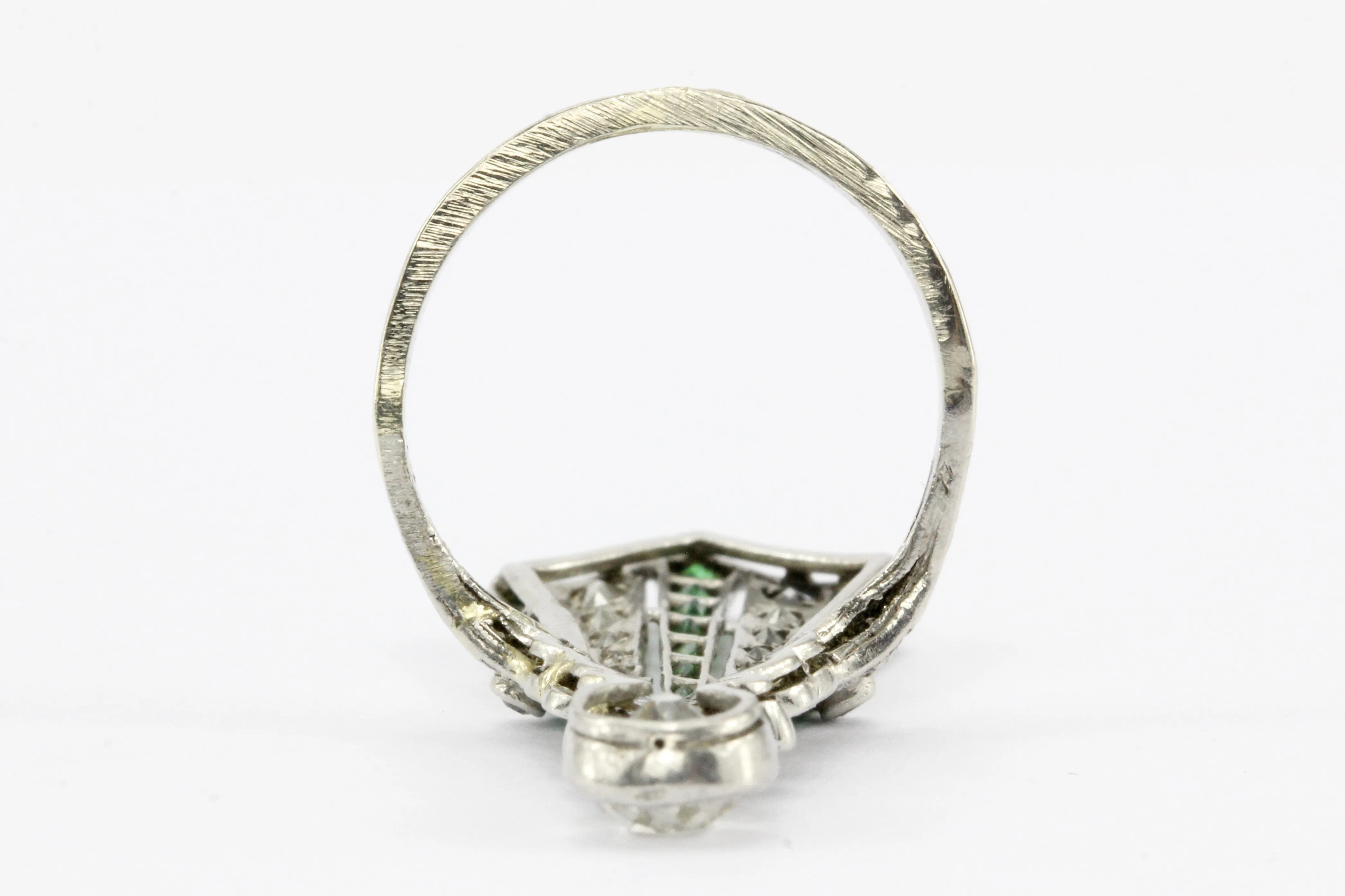 Art Deco 14K White Gold Diamond & Emerald Fan Ring c.1920's