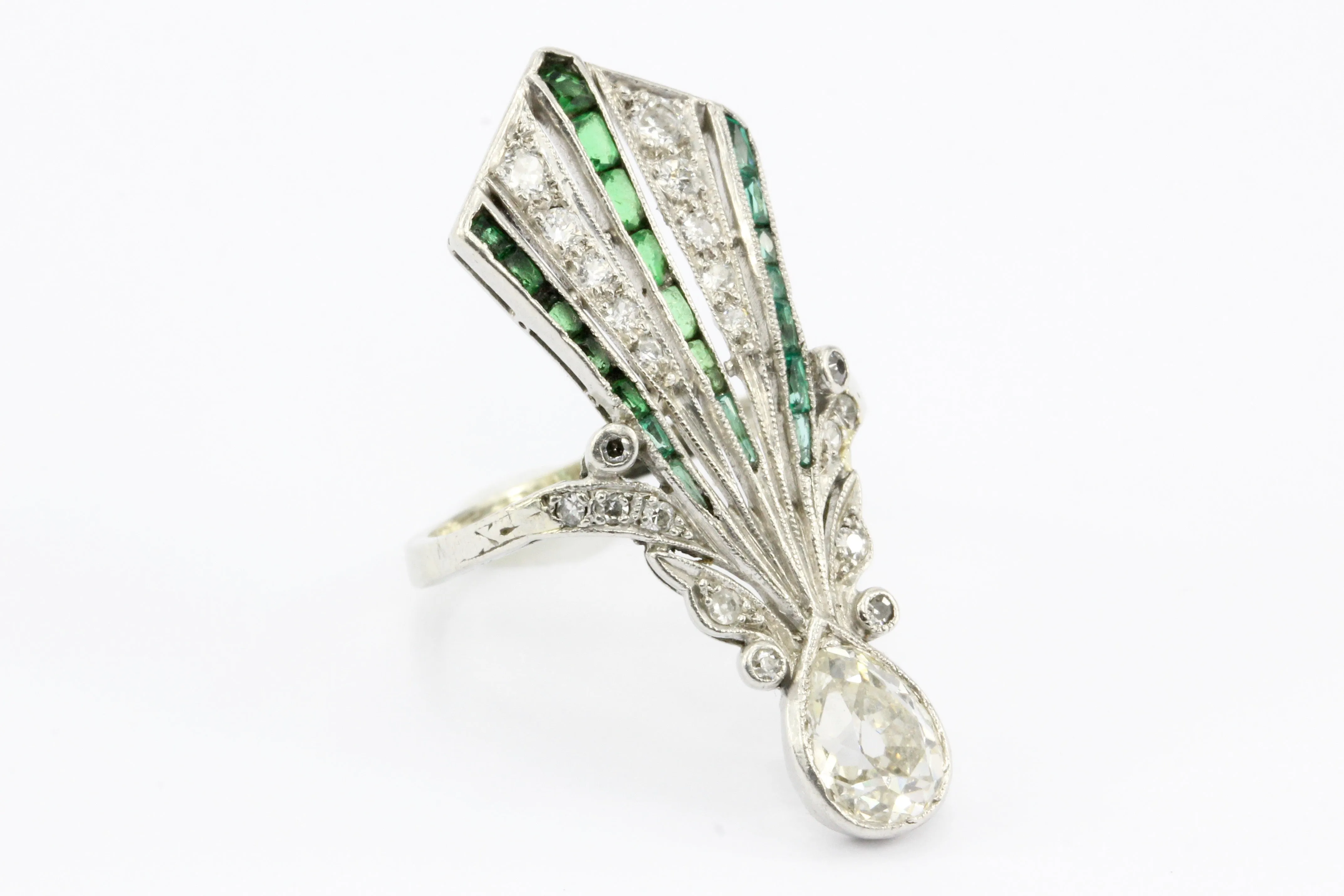 Art Deco 14K White Gold Diamond & Emerald Fan Ring c.1920's