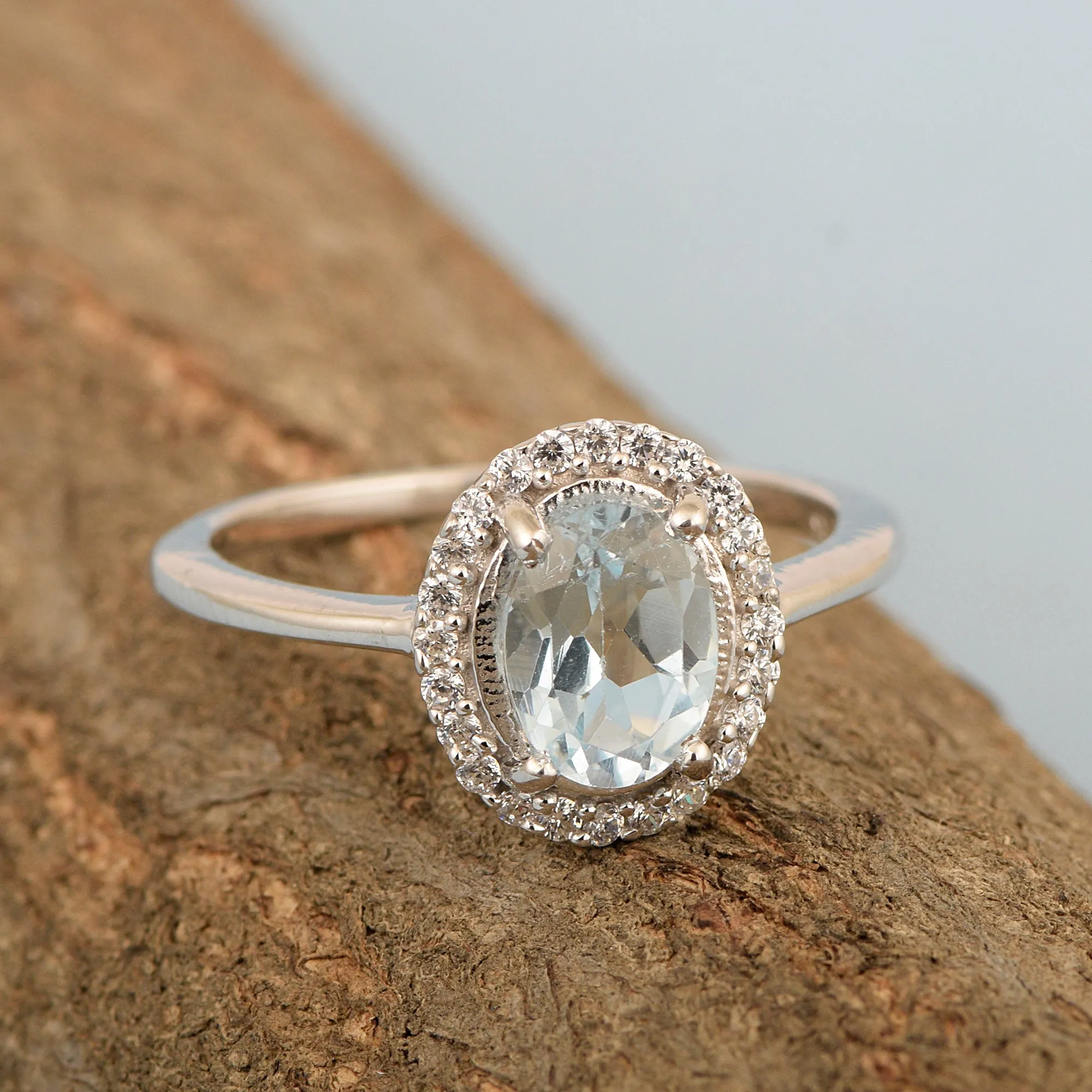 Art Deco Oval 8X6 MM Aquamarine Gemstone 925 Sterling Silver Women Ring