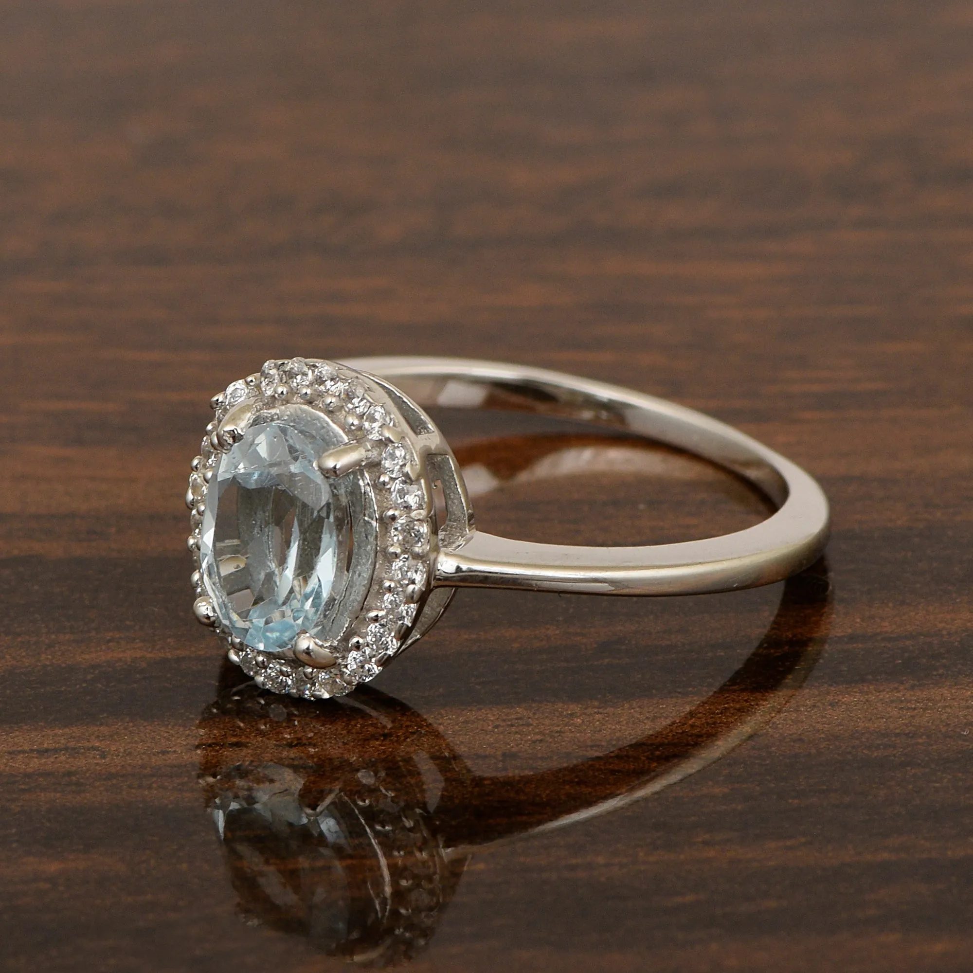 Art Deco Oval 8X6 MM Aquamarine Gemstone 925 Sterling Silver Women Ring