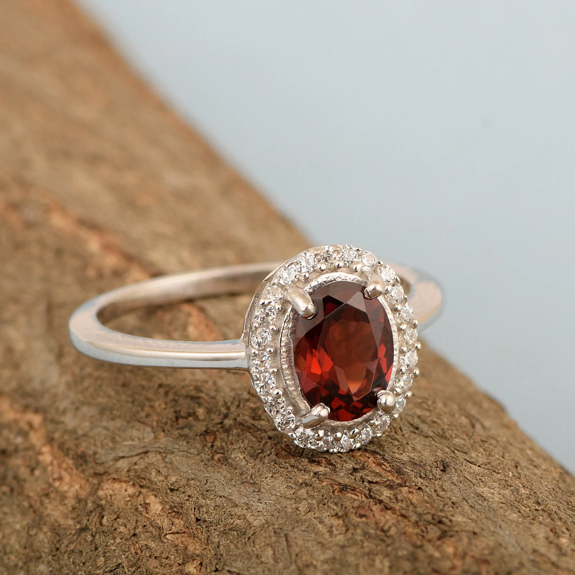 Art Deco Oval 8X6 MM Garnet Gemstone 925 Sterling Silver Women Ring