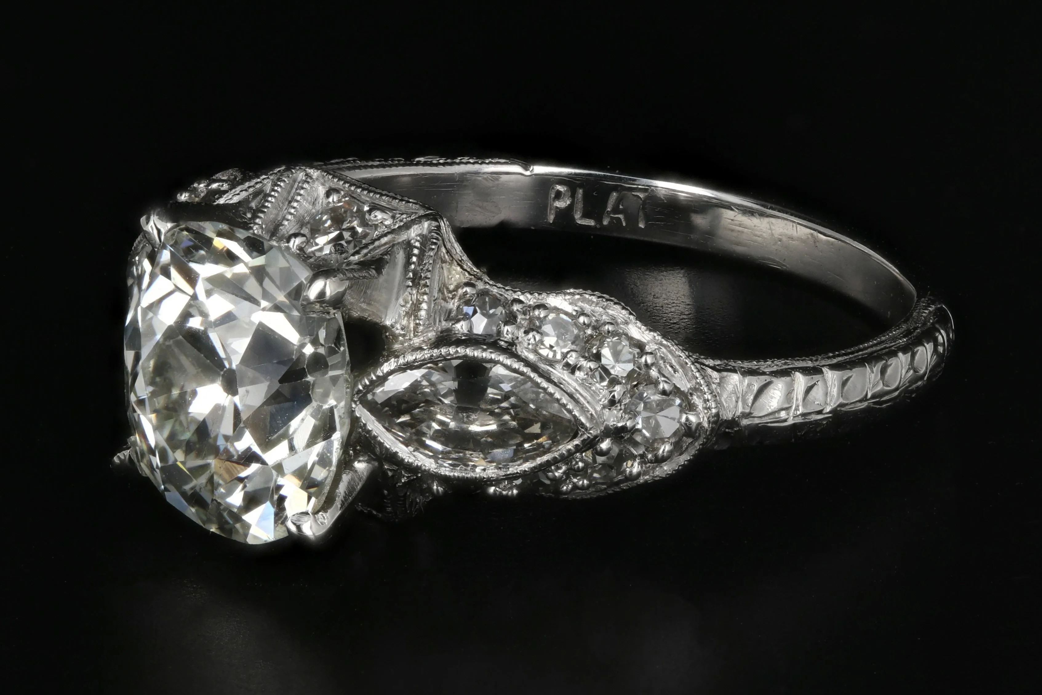 Art Deco Platinum 2.15 Carat Old Mine Cut Diamond Engagement Ring